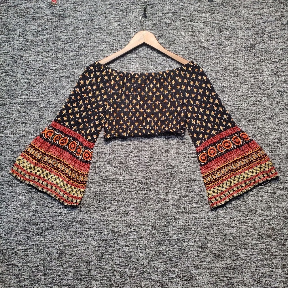 Gypsy Rose Off Shoulder Smocked Crop Top Bell Sleeve Printed Boho Festival India